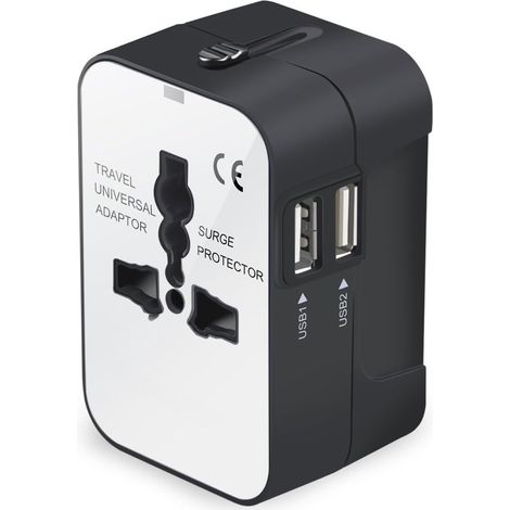 Adaptateur Voyage Universel - Prises UK US AU EU - Compatible 150 Pays - 2500 W - 2 Ports USB - Sans Transformateur de Tension - 1 Pièce (1/5)