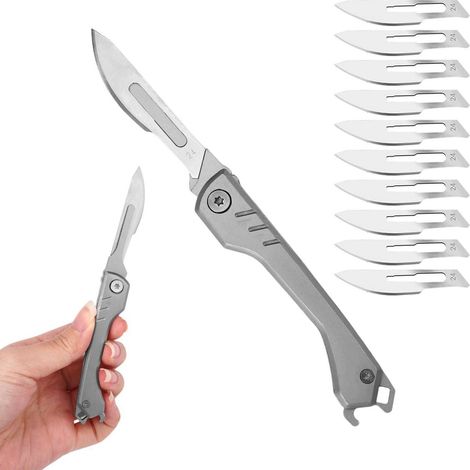 Klappmesser Edelstahl mit 10 Klingen, Flaschenöffner, Schlüsselanhänger, kompakt