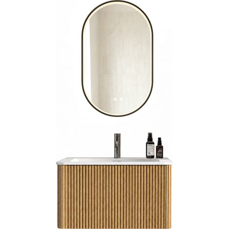 Mueble de baño suspendido con lavabo de resina y espejo LED ovalado 80 cm color roble (1/5)