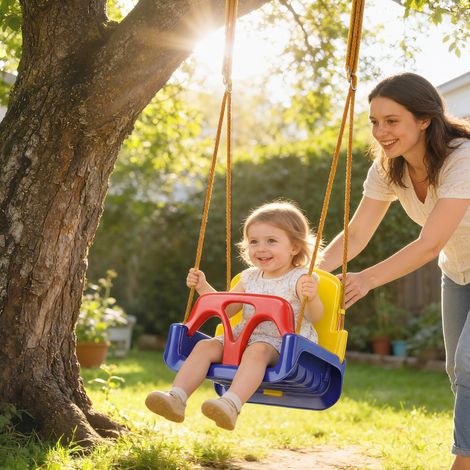 Balançoire enfant 3 en 1 avec corde réglable, dossier amovible, barre en T et ceinture de sécurité - Bleu foncé