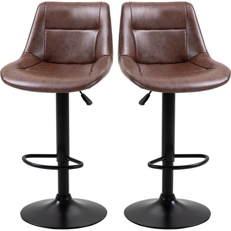 Barhocker 2er Set Barstuhl mit Rückenlehne, Tresenhocker höhenverstellbar, drehbarer Bistrohocker mit Fußstütze, Kunstleder, Braun