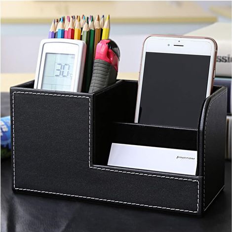 Boîte de rangement de bureau, porte-stylo multifonctionnel, élégant support de bureau en cuir synthétique noir pour boîte de rangement de papeterie, cartes de visite, stylos, téléphones (1/4)