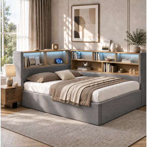 Cama arcón 140x190 cm con almacenamiento hidráulico, LED, USB y cabecero, gris, OKMYHOME (1/5)