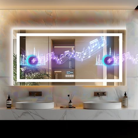 Smart LED Illuminated Fog-free Large Bathroom Mirror with Bluetooth Speakers, Time and Date Digital Display - Rectangular 1400mm x 700mm (1/5)