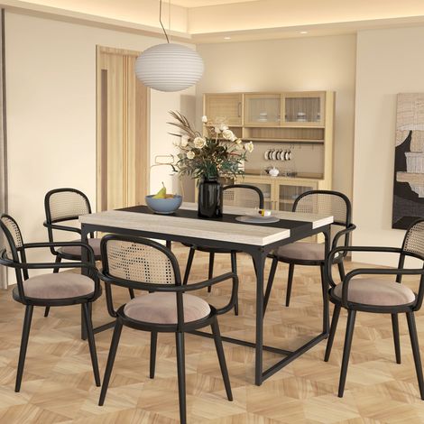 Table de salle à manger pour 6 personnes, style industriel en métal noir et bois, dim. 120L x 89l x 75,5H cm (1/5)