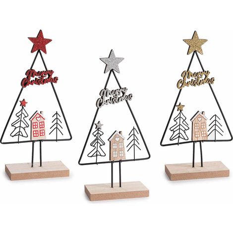 Alberi di Natale decorativi in metallo e legno con paesaggio, stella, scritta Merry Christmas e glitter, set da 12 pezzi, cm 9,5 x 4 x 18,5 H