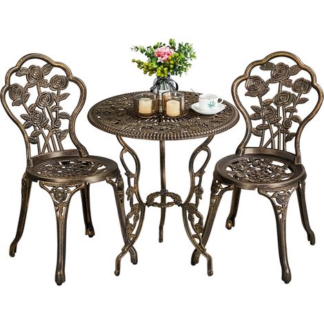Yaheetech Set di 2 Sedie e 1 Tavolo da Giardino 3 Pezzi Mobili Vintage da Balcone in Lega di Alluminio Bronzo