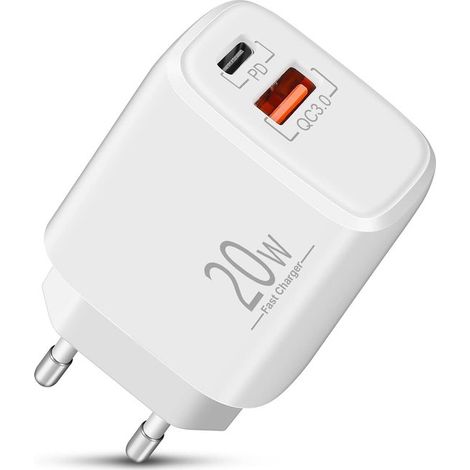 Cargador USB C，Adaptador de corriente de 20 W para iPhone，enchufe de doble puerto con PD y QC3.0，Samsung S23/S22/S21 y más (1/5)