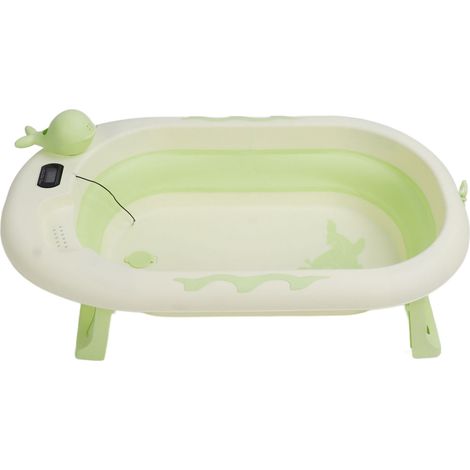Baignoire bébé pliable avec thermomètre intégré, épaisse, pour position assise et allongée, seau de bain quotidien, vert saule tendre (1/5)