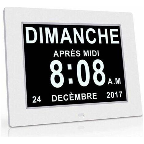 Horloge électronique à affichage LCD, affichage clair et grand caractère, gradation automatique, horloge de conversion en huit langues (blanc) (1/4)