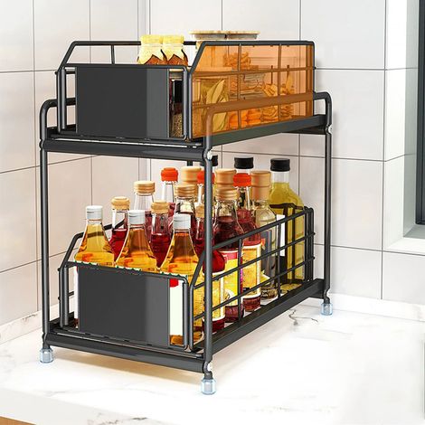 Étagère à épices pour tiroir de cuisine, étagère de rangement double couche à bords croisés sous plan de travail, étagère de rangement sous tiroir d'évier, noire (1/5)