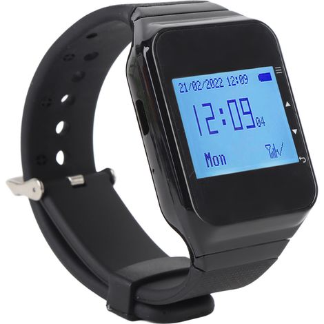 Système d'appel sans fil avec 1 montre réceptrice, 1 bouton d'appel, étanche IPX4, modes vibreur et buzzer. Système de radiomessagerie sans fil pour restaurants, hôtels et cafés. (1/5)