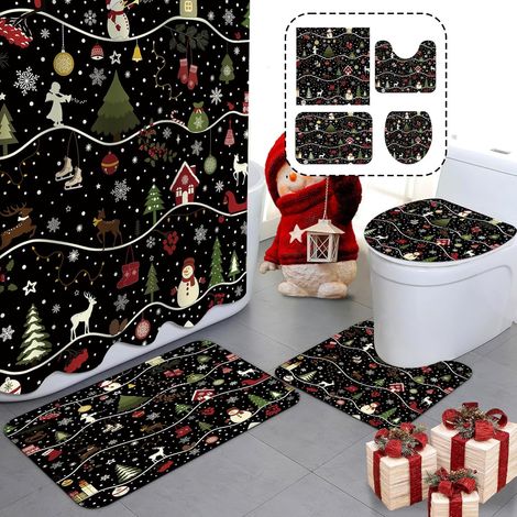 Rideau De Douche De Noël - Tapis De Bain Anti-dérapant - Couvre-abattant De WC - Tapis En Forme De U - Motif Arbre De Noël Flocons De Neige - Lot De 4 Pièces (1/5)