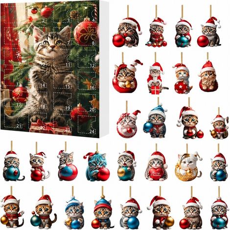 Ornement de Noël Chat, Calendrier de l'Avent 24 jours, Breloque Chaton en Acrylique, Décoration Miroir de Voiture/Mur/Arbre de Noël Modèle B (1/5)