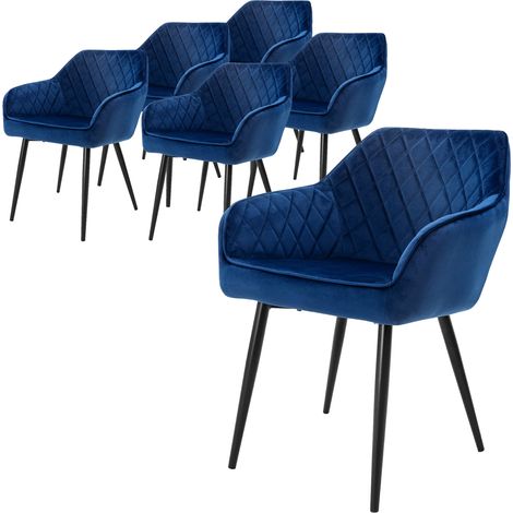 ML-Design Set di 6 Sedie da Sala da Pranzo con Braccioli e Schienale Rivestimento in Velluto Blu Sedia da Cucina Imbottita con Gambe in Acciaio Poltrona per Soggiorno Salotto Design Elegante