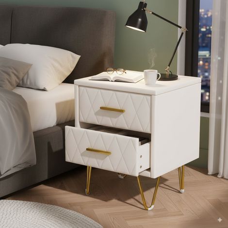 Set 2 comodini con 2 cassetti - design scandinavo - maniglie in metallo - superficie imbottita - 41x35,5x51 cm - MDF - Bianco