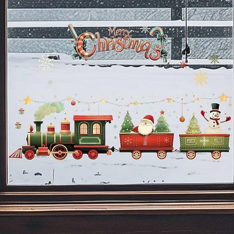 Weihnachtliches Wandsticker-Set – Abnehmbares Vinyl-Wandbild mit Weihnachtsmann, Schneemann und Zeichentrickzug für Wohnzimmer, Schlafzimmer, Fenster, Weihnachtsdekoration und Partyhintergrund (1/4)