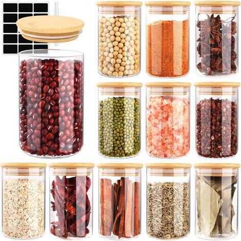 12 Pot à Épices en Verre et Bambou, 250ml Bocaux à épices, pot Epices Verre, RéCipient à éPices, Ensemble de Pots à ÉPices, Boite a Epices Cuisine Rangement avec Étiquettes Vierges (1/5)