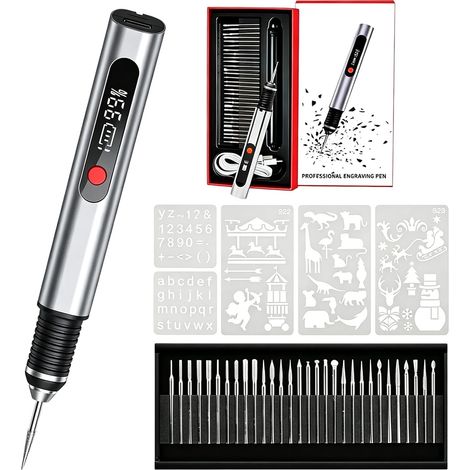 Stylo Graveur Électrique Sans Fil, Stylo de Gravure Électrique Portable avec 30 Bits et 5 Pochoirs, Jusqu'à 20.000 U/min, Rechargeable par USB, Mini Graveur pour Bois, Métal, Verre, pour Bricolage (1/5)