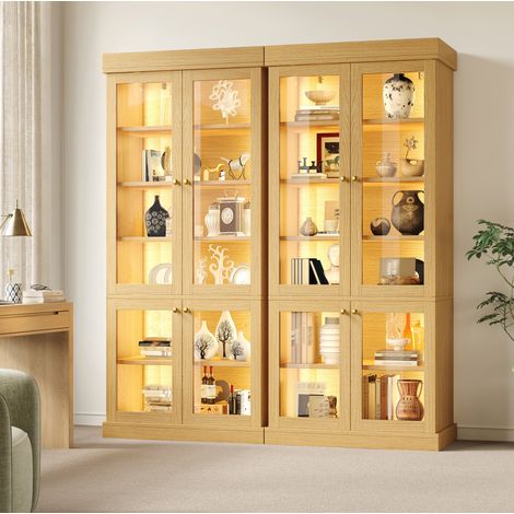 Vitrine haute LED meuble de rangement 160x40x180 cm en MDF, verre et métal, avec étagères réglables, double dispositif anti-basculement, bois clair - CHICFURN