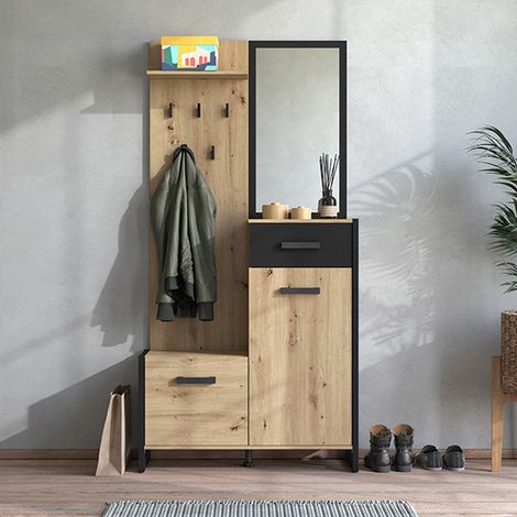 Garderobenschrank Corbetta, Spiegel inkl., 1 Schublade, 5 Fächer, 94,5x33,5x191h cm, Eiche Braun (1/5)