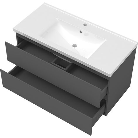 Ensemble meubles salle de bain 100cm simple vasque + miroir Anthracite (1/3)