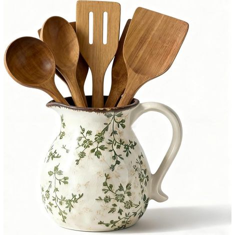 Pot Ustensiles Céramique – 15,5 cm – Style Fermier – Porte-Cuillères/Spatules – Blanc Vintage (1/5)
