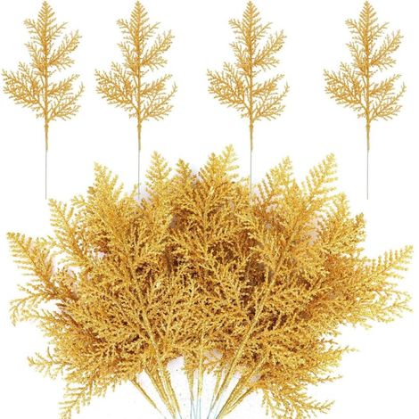 Bardusch-16 Pièces Fausses Branches de Pin de Noël, Feuilles Artificielles à Paillettes Doré, Tiges de Sapin pour Guirlande Arbre de Noël Table Fêtes de Mariage Maison Jardin Décoration (1/4)
