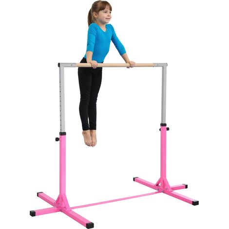Gymnastikstange für Kinder, höhenverstellbar Turnreck Reckstange, Reck Turnstange für Indoor & Outdoor aus Holz & stabile Stahlkonstruktion bis 75 kg belastbar, für 3+ Kinder, Rosa