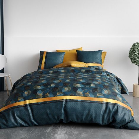Parure housse de couette 260x240cm + 2 taies motif feuillage ginko bleu et jaune 100% coton - JAYAN (1/4)