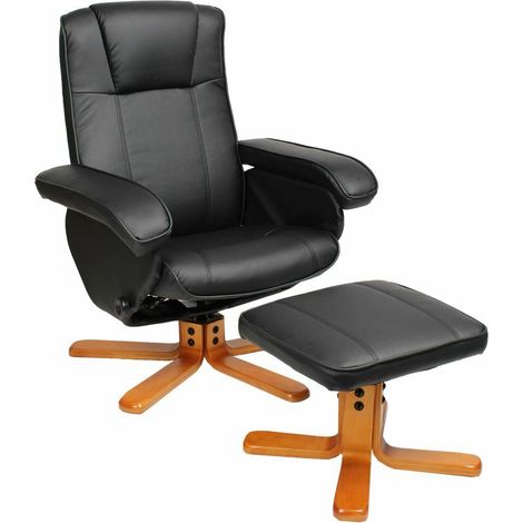 Evre Faux Leather Padded Reclining Swivel Arm Chair with Foot Stool (Black)