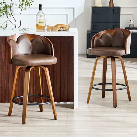 2er-Set Barhocker mit Blumenlehne, gebogenem Holz und PU, braun, 89 cm OKMYHOME (1/5)