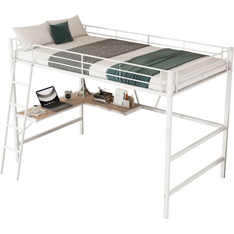 Cama alta 90x200 cm de metal blanca con escritorio en L y estante, estructura estable con barandilla de seguridad, ideal para jóvenes y adultos CHICFURN (1/5)