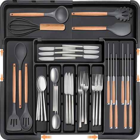 Range-Couverts Extensible - 9 Compartiments - 2 Blocs Couteaux Amovibles - Pour Tiroir Cuisine - Noir - 1 Pièce