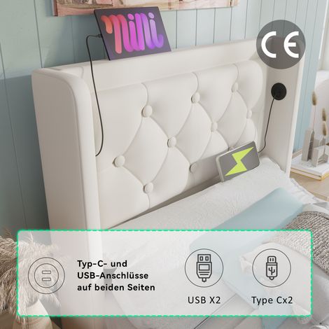 Lit coffre hydraulique 90x200 cm blanc, sommier rembourré tête de lit avec chargeur USB-C, éclairage LED 3 côtés, housse PU, sans matelas (1/5)