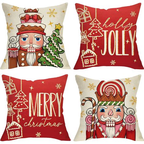 Fundas de almohada decorativas Cascanueces "Feliz Navidad", 45 x 45 cm, juego de 4, diseño de árbol de Navidad rojo invernal, decoración para exteriores (1/4)