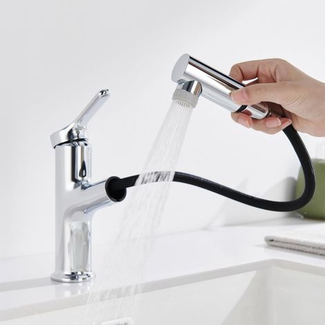 DETBOM Rubinetto per Il Bagno con Doccia Estraibile Miscelatore per Lavandino con 2 Getti Miscelatore per Il Bagno Cromato (1/5)