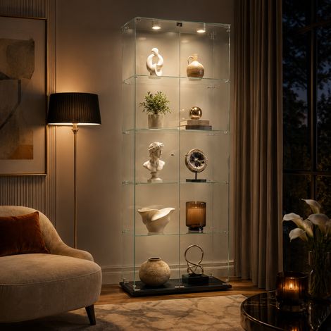 Vitrine en Verre Trempé 5 Étagères, Armoire Vitrine avec LED et Serrure, Meuble d'Exposition 2 Portes, Vitrine de Collection, Noir (1/5)