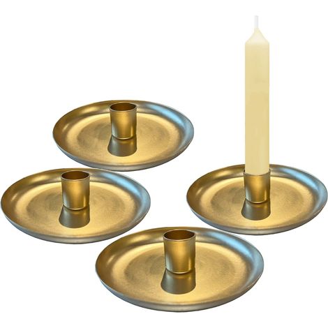 Metall Kerzenschale gold 4er Set - 10 cm - Schale mit Halter für Stabkerzen - Advent Weihnachten Kerzenleuchter Kerzenständer Kerzenhalter Kammerleuchter