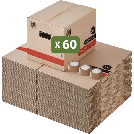 Pack and Move - Lot 60 Cartons Déménagement Livres Premium - 40 X 30 X 30 Cm - Extrême Résistance 30 KG - Poignées Renforcées - 3 Adhésifs Offerts
