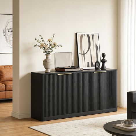 MEUBLIV Mueble TV negro de 150 cm con 4 puertas, almacenaje y frontal ondulado (1/5)