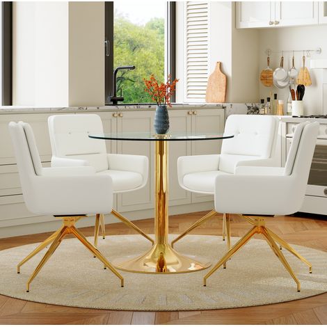 Conjunto de mesa redonda de 85 cm y 4 sillas de vidrio templado blanco y oro DESVIAE (1/5)