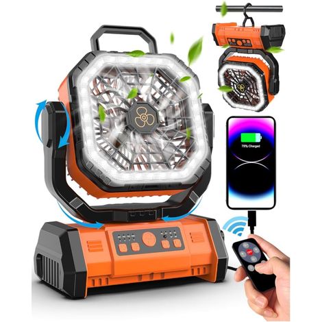 Camping Fan, [3 in 1/4 Speeds] 20000mAh Cordless Rechargeable Fan, LED Light, 270° Rotation, Timer/Silent, with Remote Control, Type-C, for Travel, Beach, Camping