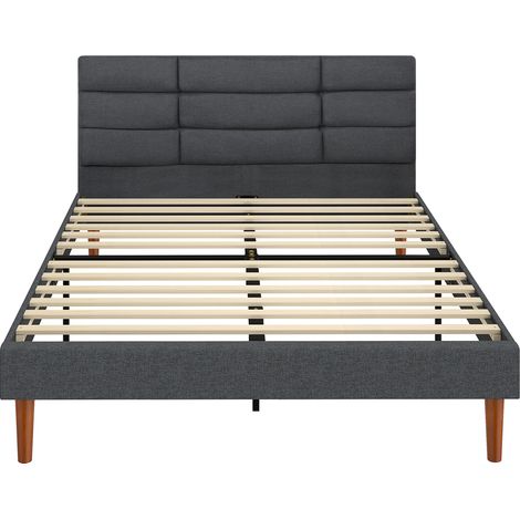 Cadre de lit 140 x 200 cm - Gris - Avec sommier bois, lit double rembourré en effet lin et rangement au-dessous - Sans bruit - Pour chambre - Design pratique (1/5)