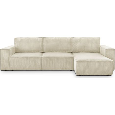 Homifab – Canapé d'angle convertible réversible 5 places en velours côtelé beige – Coffre de rangement intégré – Dimensions 300 x 101/154 x 84 cm (1/5)