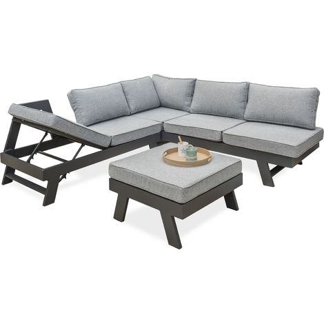 Dcb Garden – Salon d'angle de jardin 6 places en aluminium – 2 assises inclinables – Coussins déhoussables 10 cm – Table/pouf inclus (1/5)