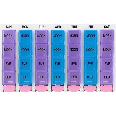 Boîte à pilules 28 compartiments avec bouton poussoir, violet et bleu, organiseur de médicaments pour 7 jours (4 fois par jour). (1/5)