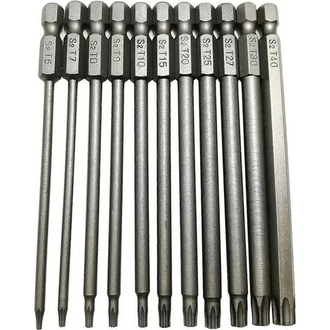 Set de tournevis Torx longs 11 pièces Ensemble de embouts Torx creux acier S2 avec tête de sécurité manche hexagonal 100 mm T6 T7 T8 T9 T10 T15 T20 T25 T27 (1/5)