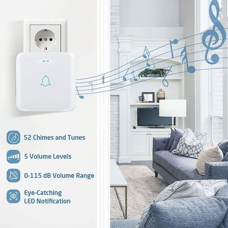 Sonnette sans Fil 400M Sonnette de Porte Étanche Kit de Carillon Electronique avec 2 Récepteurs Enfichables, 52 Mélodies pour Maison, Bureau, Hôtel, etc (Blanc) (1/5)