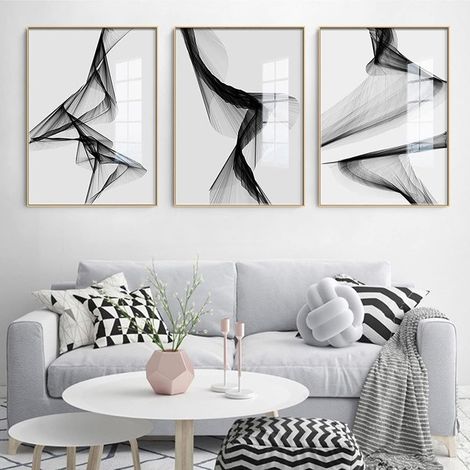 Lot de 3 Tableaux Muraux Abstraits, Noirs et Blancs, Gris, Modernes, Nordiques - Décoration Murale Sans Cadre, 60 x 80 cm (1/5)